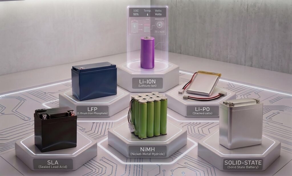 Berbagai jenis baterai untuk motor listrik seperti Li-ion, LFP, dan Solid-State,Li-Po, SLA, NiMH
