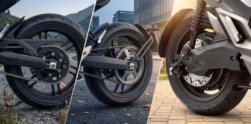 Kolase tiga sistem penggerak roda belakang sepeda motor listrik. Bagian kiri menunjukkan sistem penggerak rantai konvensional (chain drive) di jalan aspal, bagian tengah menampilkan sistem penggerak sabuk (belt drive) di area perkotaan, dan bagian kanan memperlihatkan sistem penggerak hub motor listrik