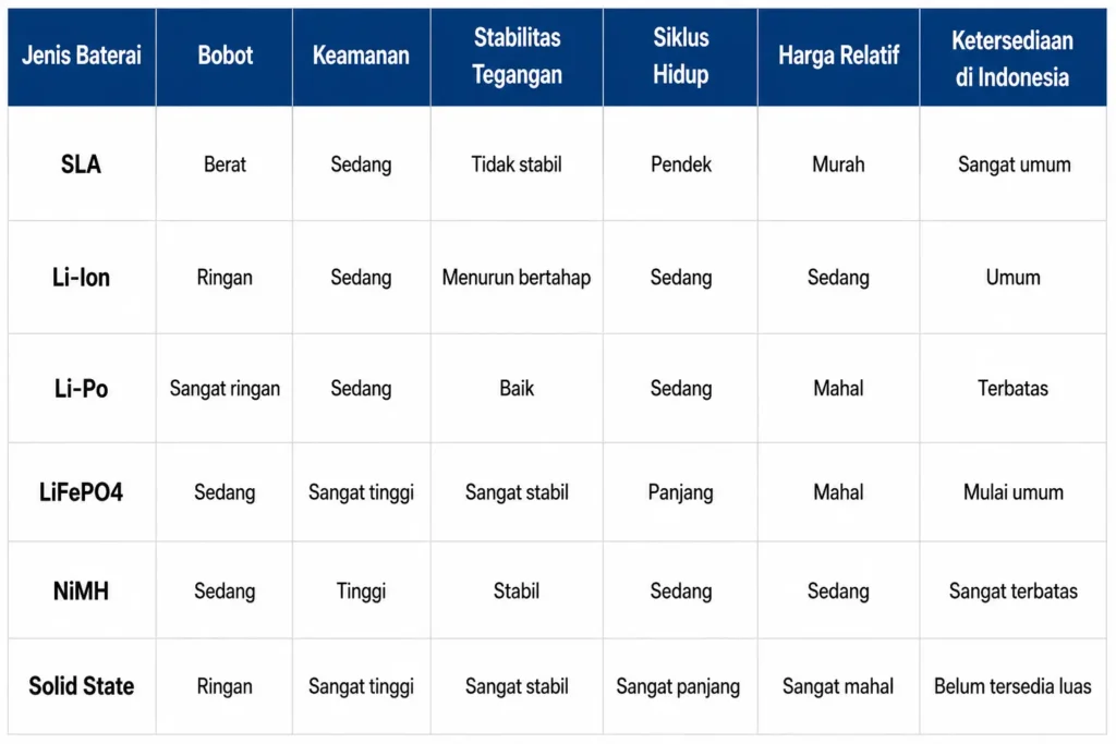 Tabel perbandingan jenis baterai motor listrik Sentrik Bali